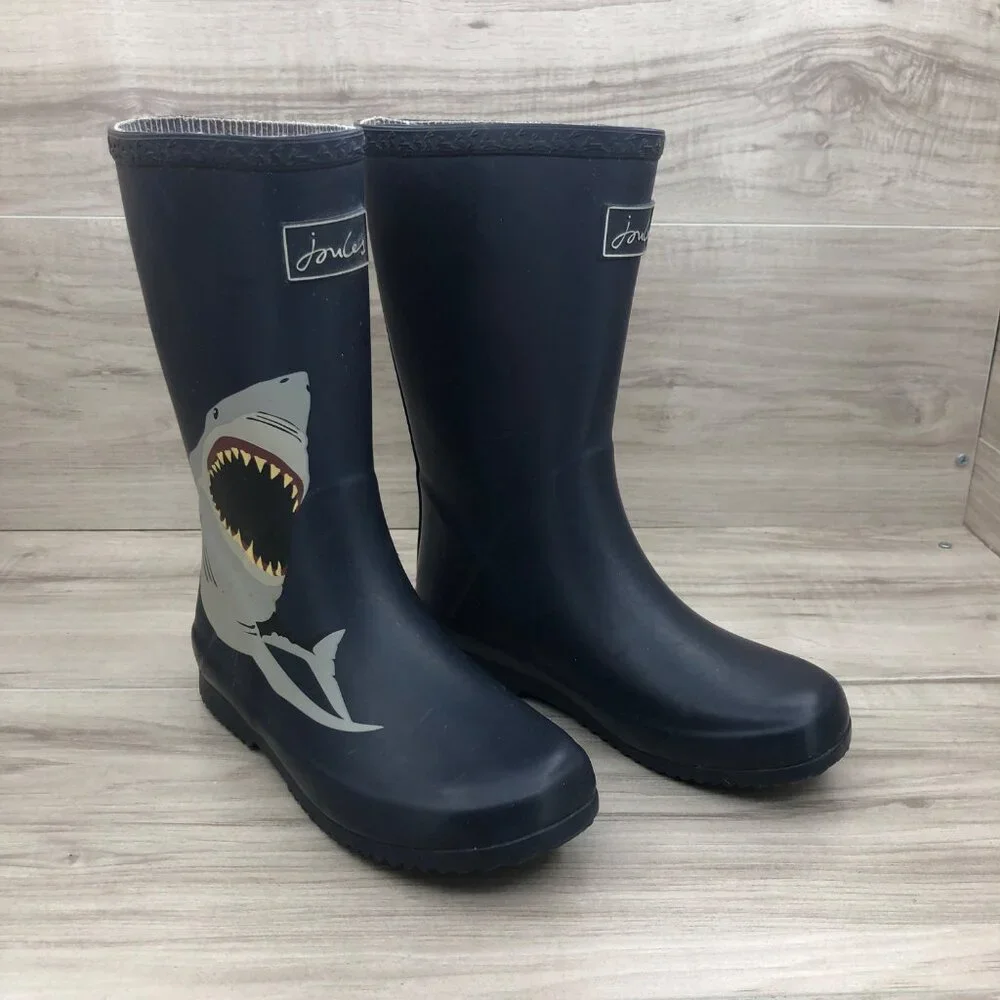 Joules Rain Boots Kids 2 Blue Rubber Slip On Shark Waterproof